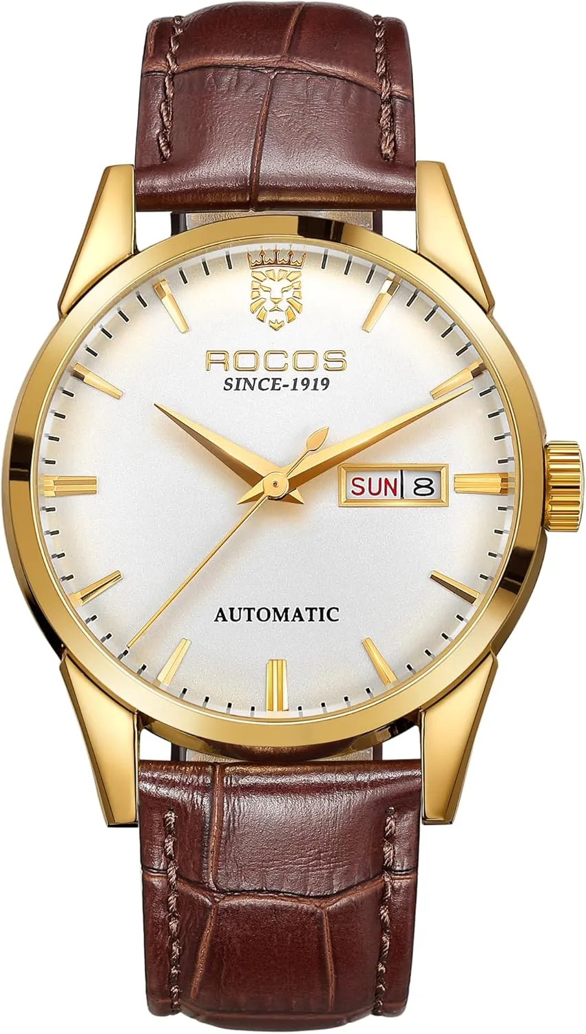 Watch Mechanical Skeleton Calendar Day shine vapor slipper Display Brown Leather Luxury Strap Wristwatch Dress Watch Gift R0101 Fashion Business Men's Automatic 