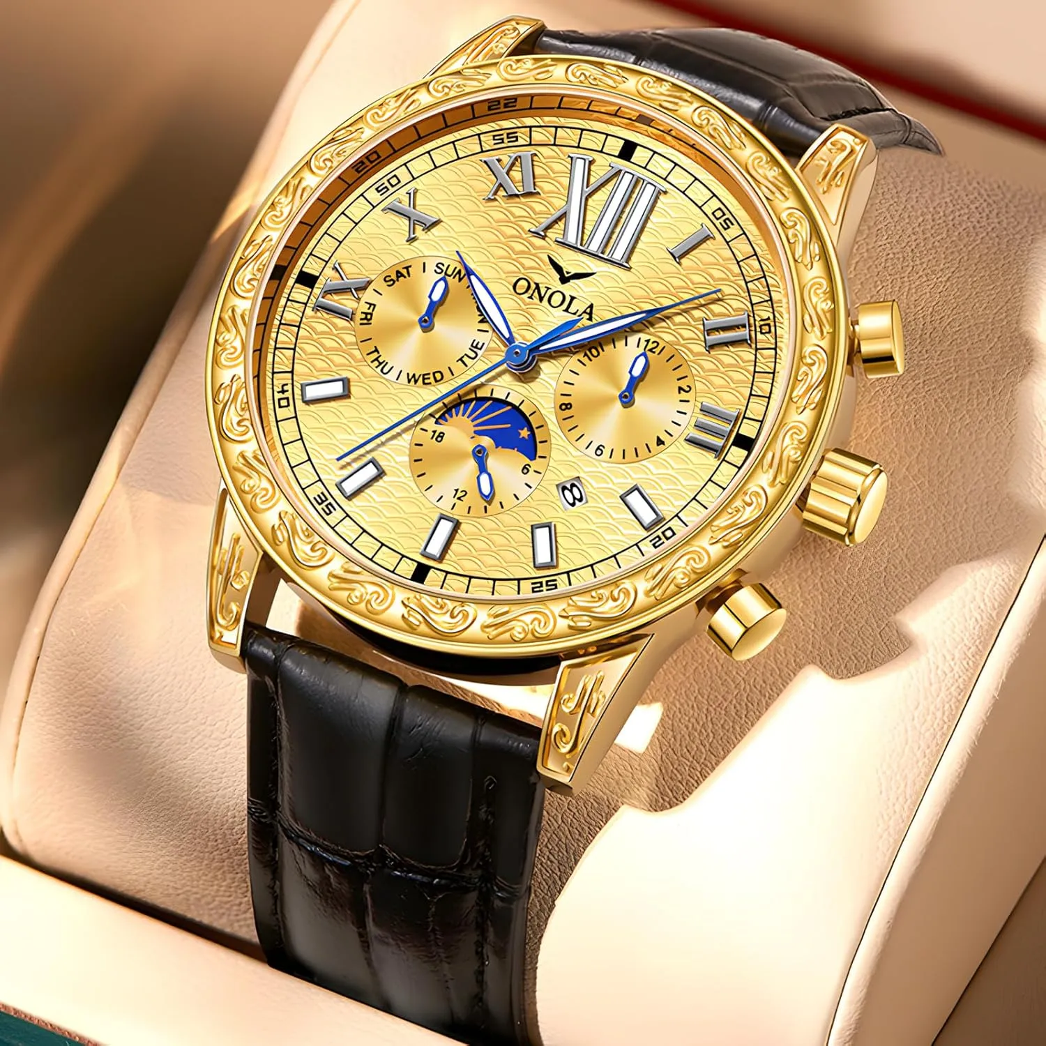Watch Men's Business Mechanical Watch Fully Automatic Men's Mechanical Watch Comfortable Leather Strap Large Gold Watch Three corrosion Eye Timing Dial 24-Hour Moon Phase Display Calendar 