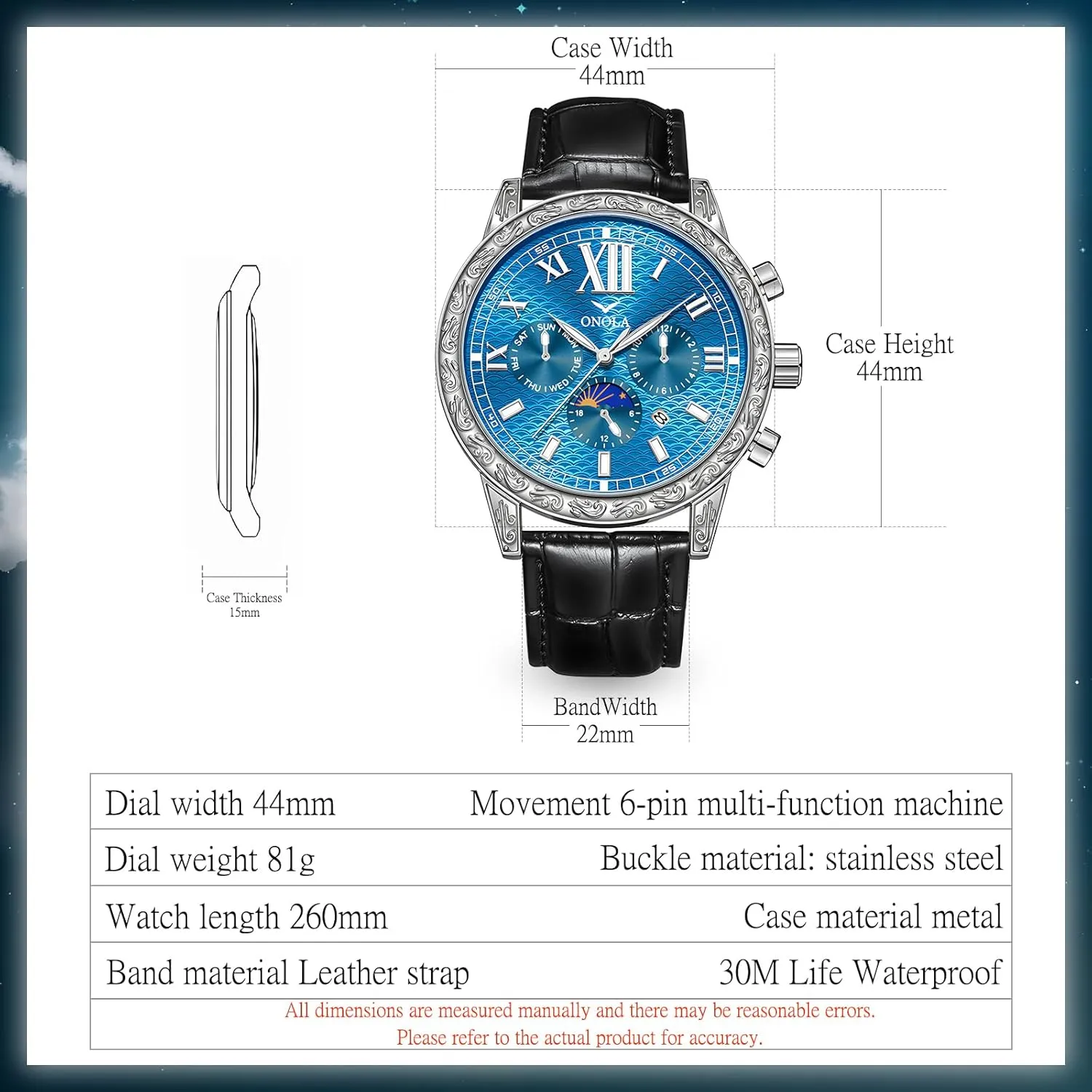 Watch Men's Business Mechanical Watch Fully Automatic Men's Mechanical Watch Comfortable Leather Strap Large Gold Watch Three corrosion Eye Timing Dial 24-Hour Moon Phase Display Calendar 