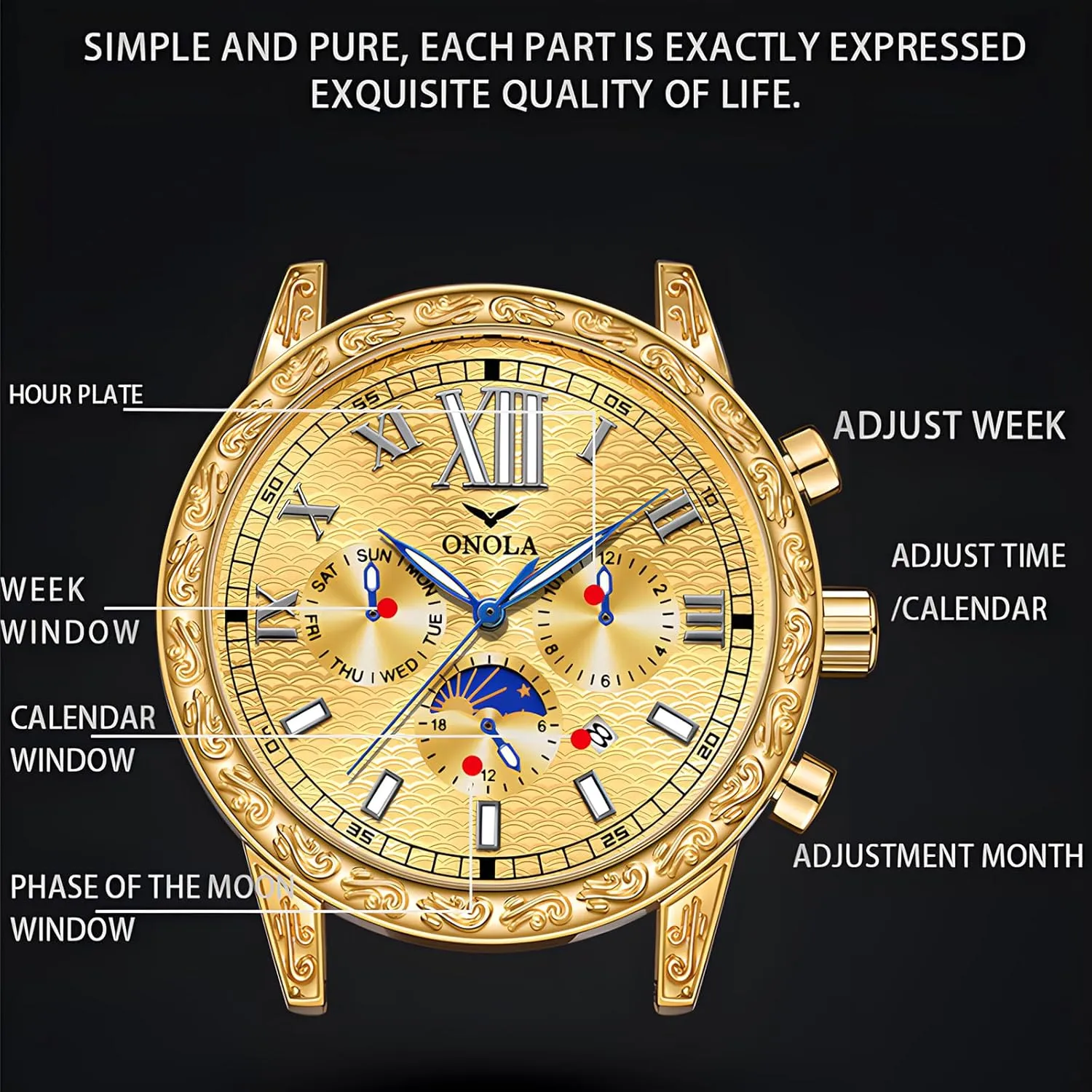 Watch Men's Business Mechanical Watch Fully Automatic Men's Mechanical Watch Comfortable Leather Strap Large Gold Watch Three corrosion Eye Timing Dial 24-Hour Moon Phase Display Calendar 