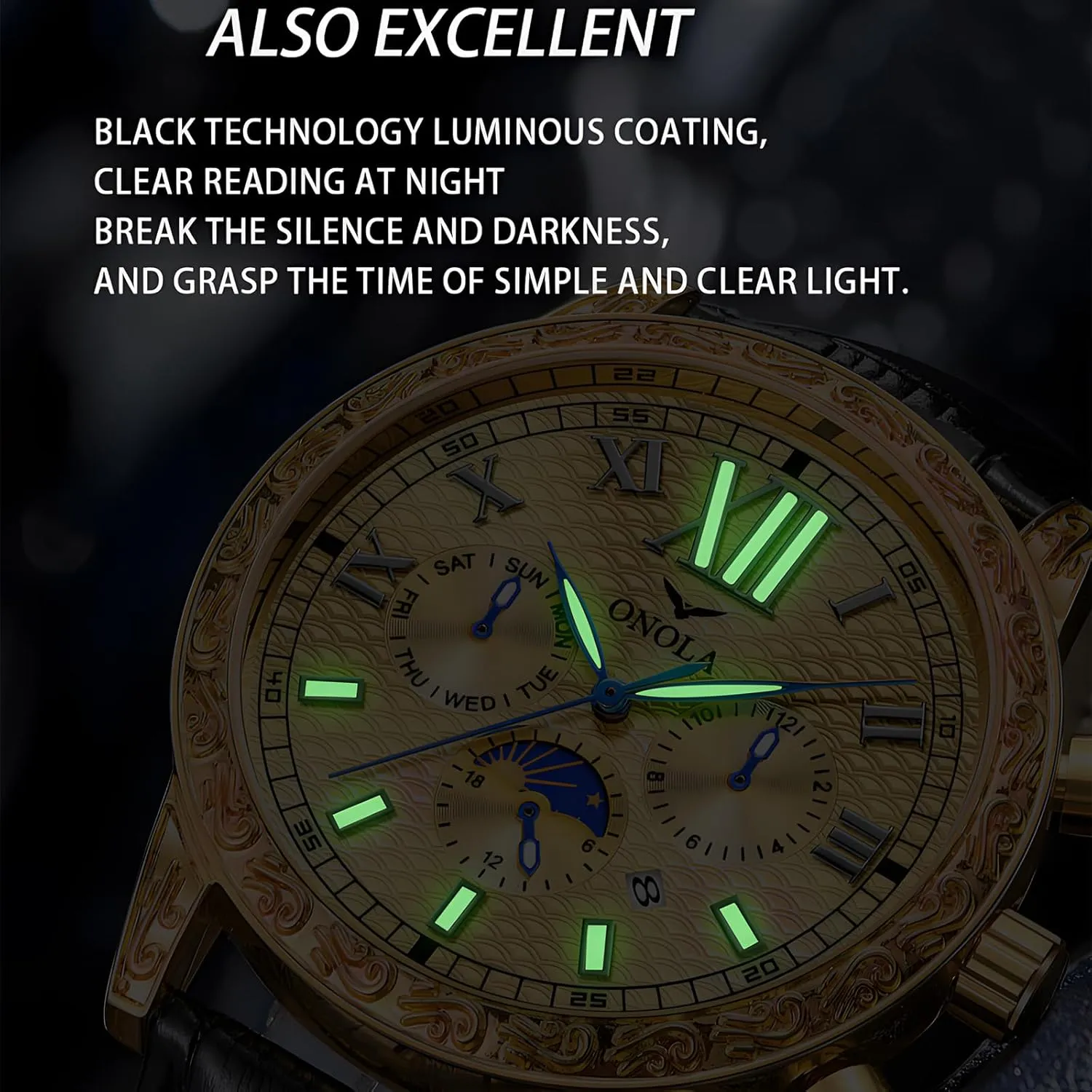 Watch Men's Business Mechanical Watch Fully Automatic Men's Mechanical Watch Comfortable Leather Strap Large Gold Watch Three corrosion Eye Timing Dial 24-Hour Moon Phase Display Calendar 