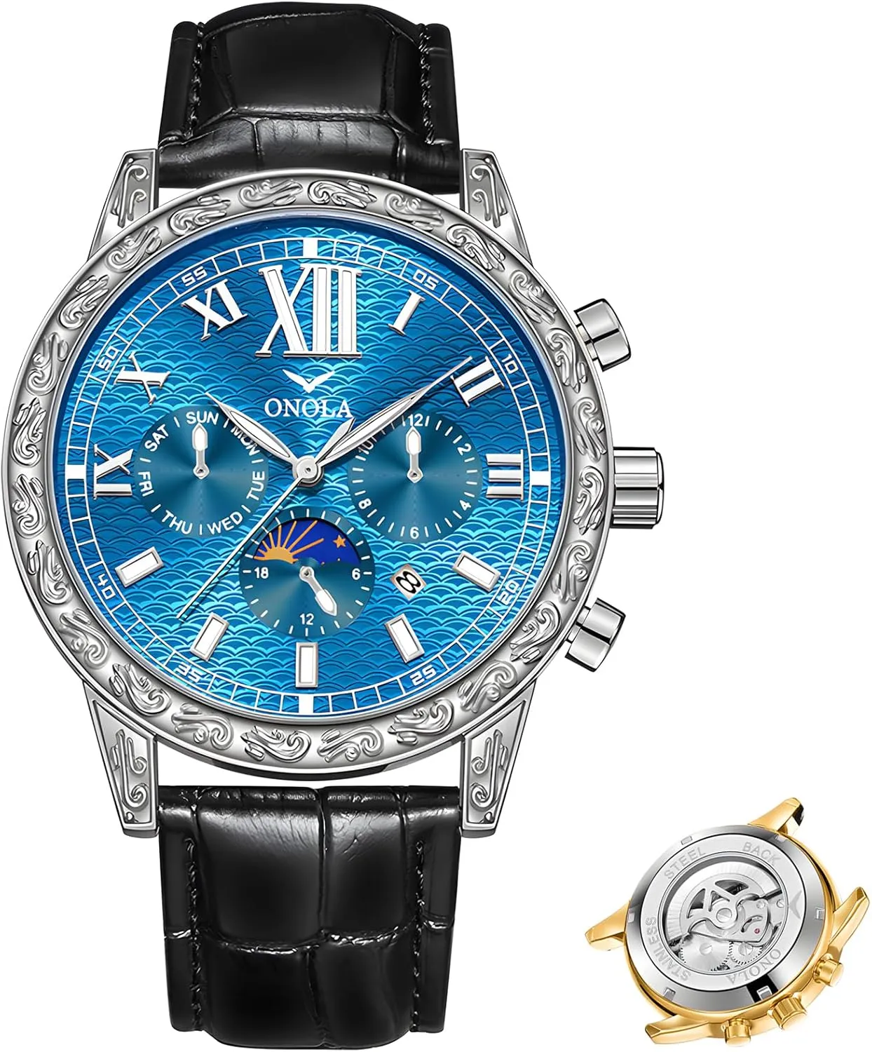 Watch Men's Business Mechanical Watch Fully Automatic Men's Mechanical Watch Comfortable Leather Strap Large Gold Watch Three corrosion Eye Timing Dial 24-Hour Moon Phase Display Calendar 