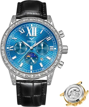 Watch Men's Business Mechanical Watch Fully Automatic Men's Mechanical Watch Comfortable Leather Strap Large Gold Watch Three corrosion Eye Timing Dial 24-Hour Moon Phase Display Calendar 
