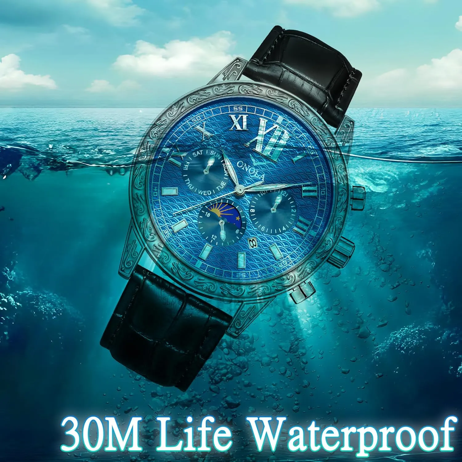 Watch Men's Business Mechanical Watch Fully Automatic Men's Mechanical Watch Comfortable Leather Strap Large Gold Watch Three corrosion Eye Timing Dial 24-Hour Moon Phase Display Calendar 