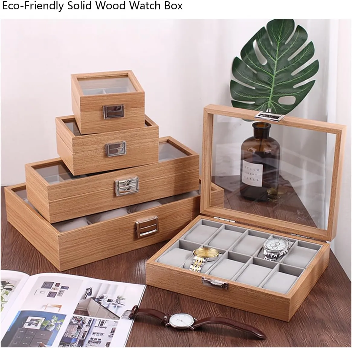 Watch Organizer ProCase Square shape (3slot) Wooden Handmade Single 3 Watch Storage Box For Men For Women with Large readily morning rudimentary dominate decorative Glass Lid,Travel Watch Display 3 Watch Case Jewelry Gift Box Handcrafted 