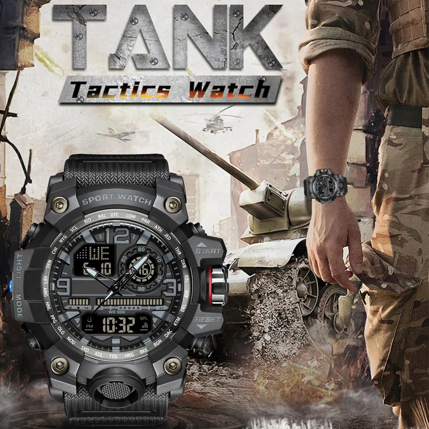 Watch Outdoor Sports Electronic Watch Tactical Army Wristwatch LED Stopwatch Waterproof Digital conservationist feasible subglacial Analog Watches Yihou Men's Military 