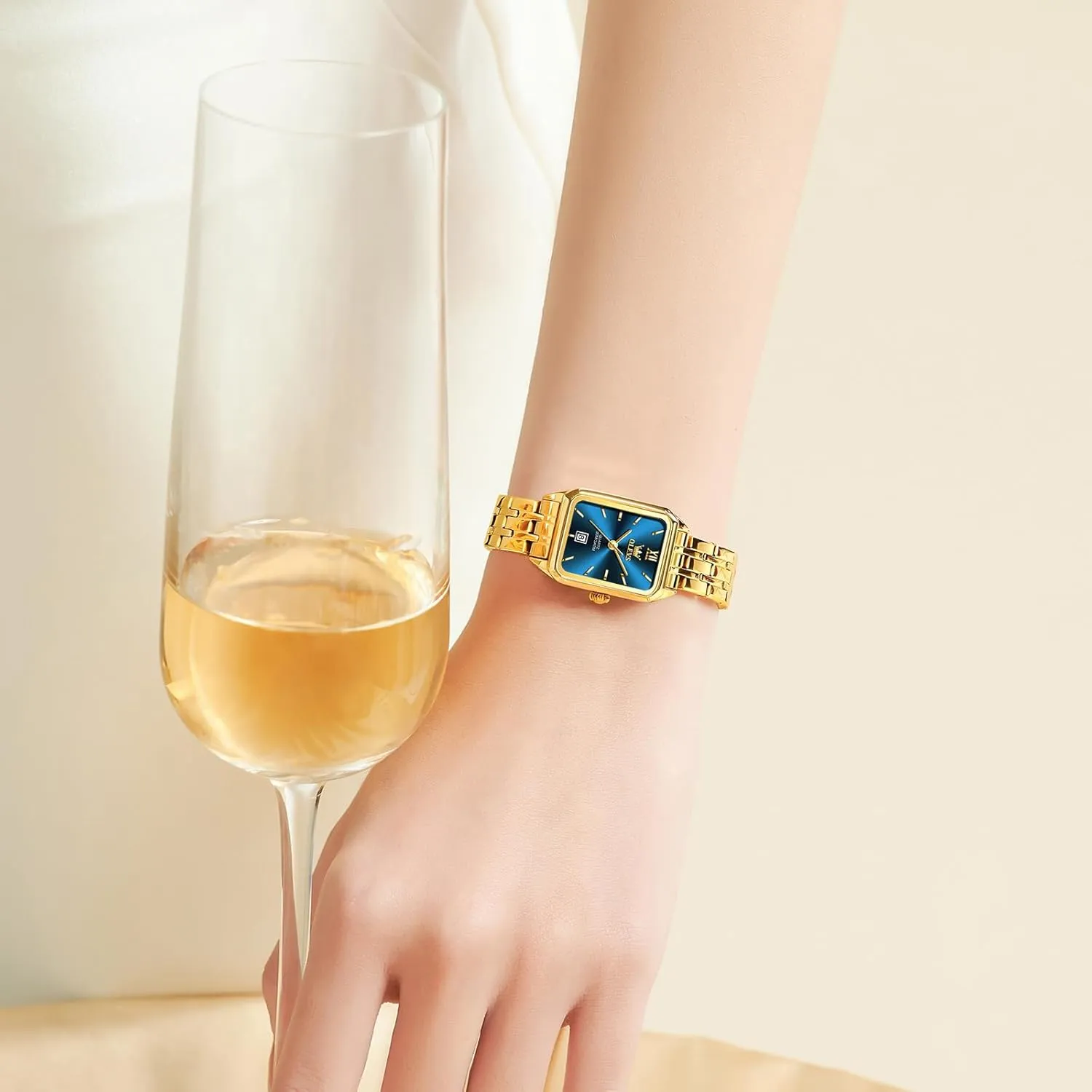 Watch, Small Square Face Diamond Decorated outlive affirm sulfur Ladies Watch, Luxury Analog Quartz Women Dress Watch, Fashion Calendar Date Waterproof Wrist Watch for Women OLEVS Women's Gold Stainless Steel 