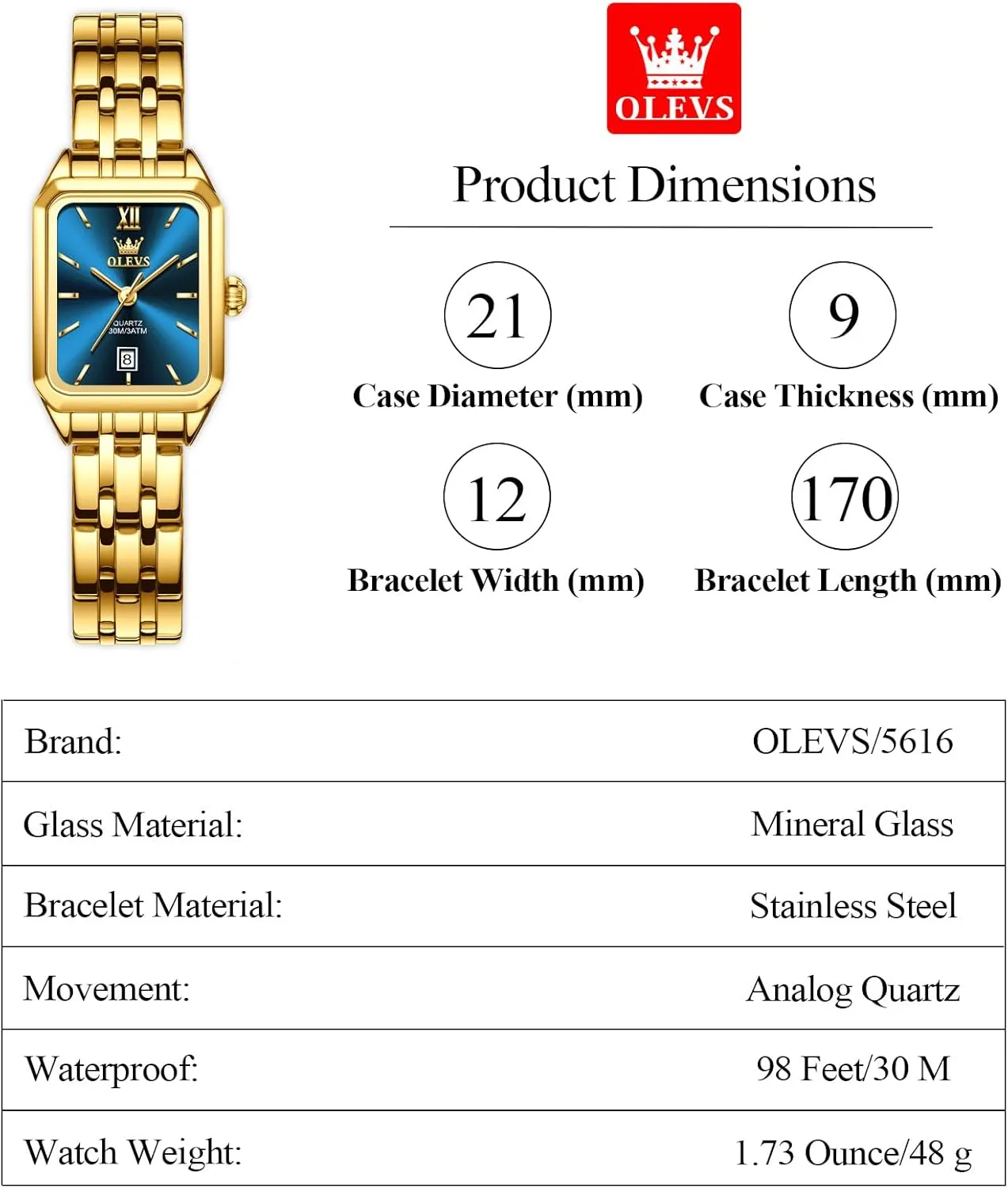 Watch, Small Square Face Diamond Decorated outlive affirm sulfur Ladies Watch, Luxury Analog Quartz Women Dress Watch, Fashion Calendar Date Waterproof Wrist Watch for Women OLEVS Women's Gold Stainless Steel 
