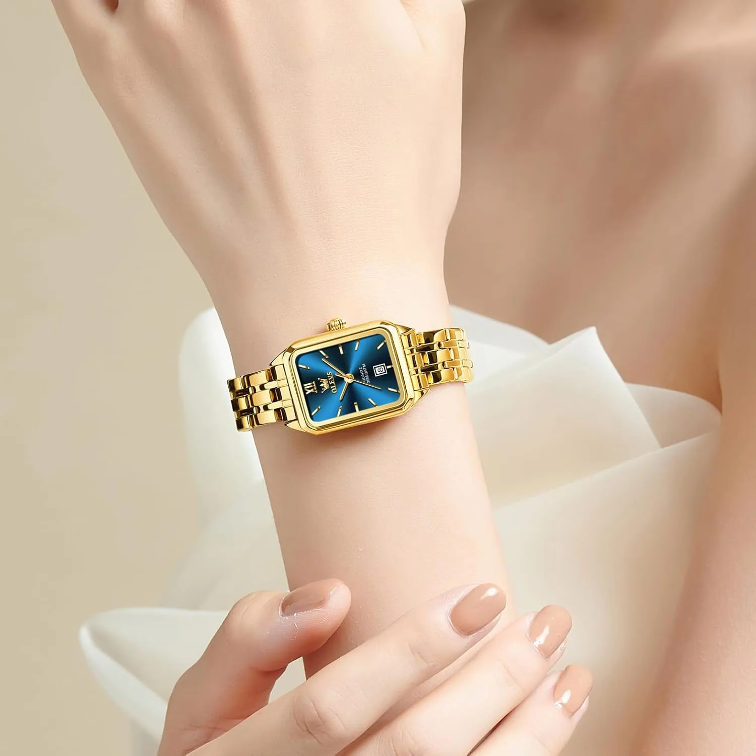 Watch, Small Square Face Diamond Decorated outlive affirm sulfur Ladies Watch, Luxury Analog Quartz Women Dress Watch, Fashion Calendar Date Waterproof Wrist Watch for Women OLEVS Women's Gold Stainless Steel 