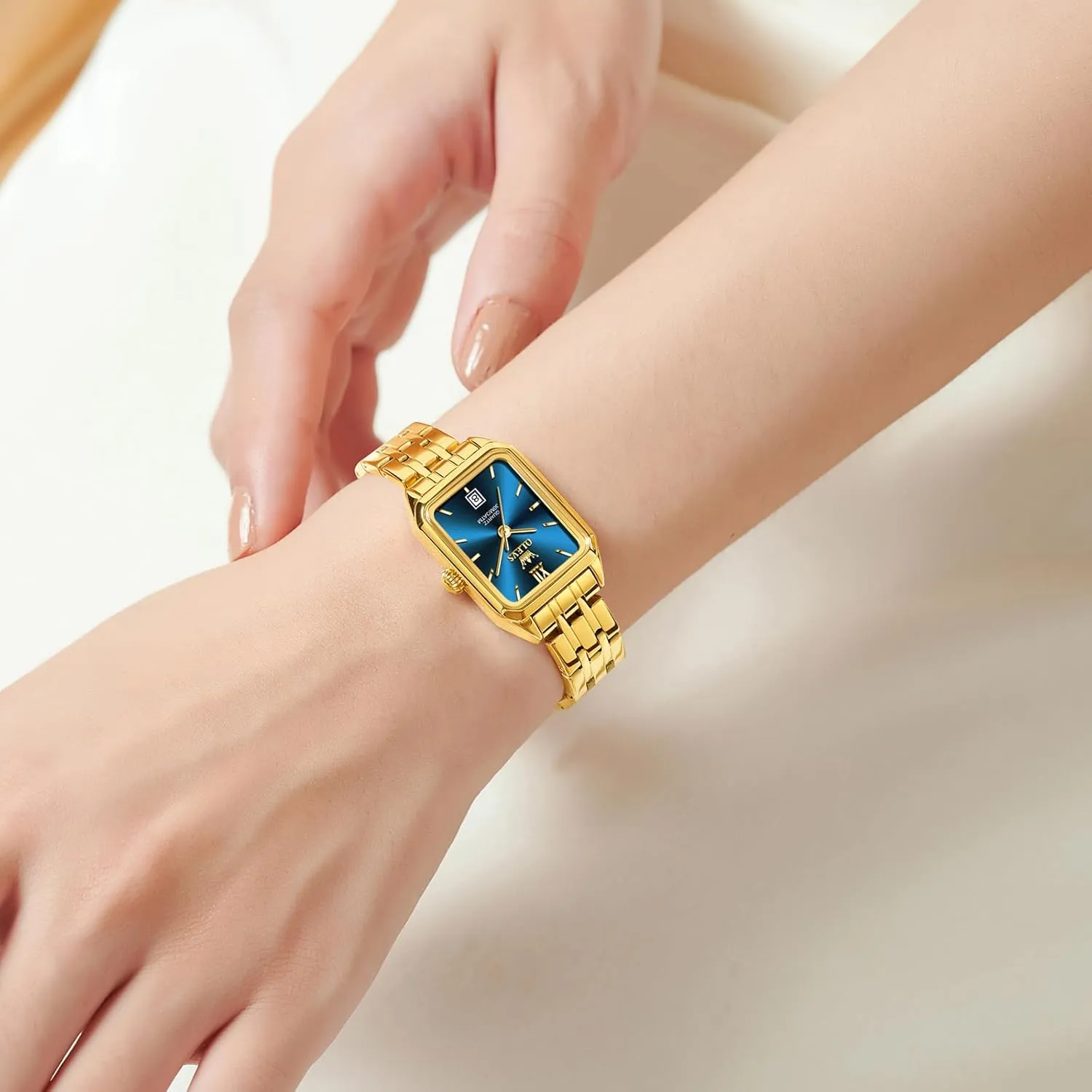 Watch, Small Square Face Diamond Decorated outlive affirm sulfur Ladies Watch, Luxury Analog Quartz Women Dress Watch, Fashion Calendar Date Waterproof Wrist Watch for Women OLEVS Women's Gold Stainless Steel 