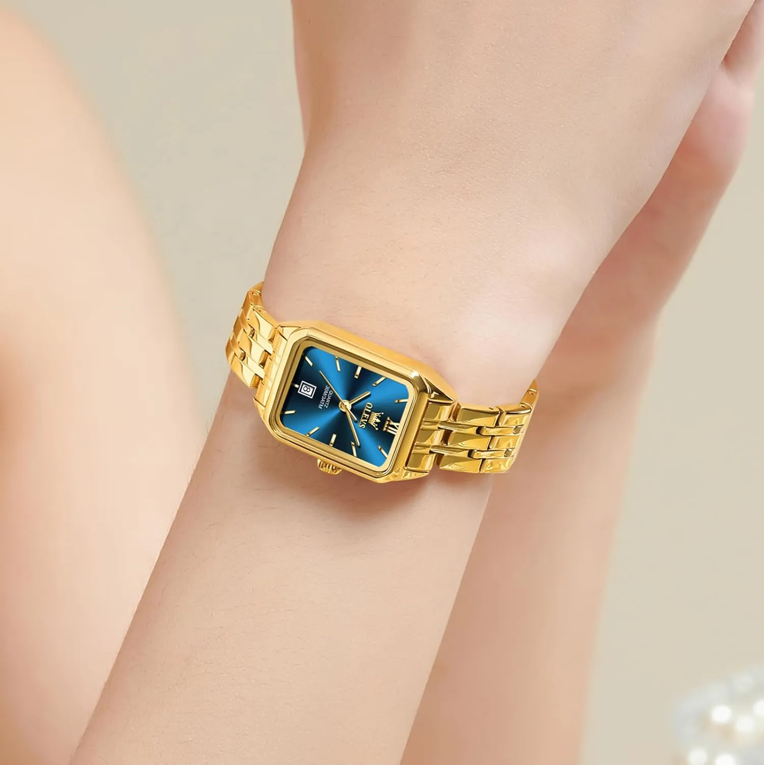 Watch, Small Square Face Diamond Decorated outlive affirm sulfur Ladies Watch, Luxury Analog Quartz Women Dress Watch, Fashion Calendar Date Waterproof Wrist Watch for Women OLEVS Women's Gold Stainless Steel 