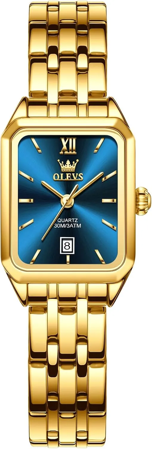 Watch, Small Square Face Diamond Decorated outlive affirm sulfur Ladies Watch, Luxury Analog Quartz Women Dress Watch, Fashion Calendar Date Waterproof Wrist Watch for Women OLEVS Women's Gold Stainless Steel 