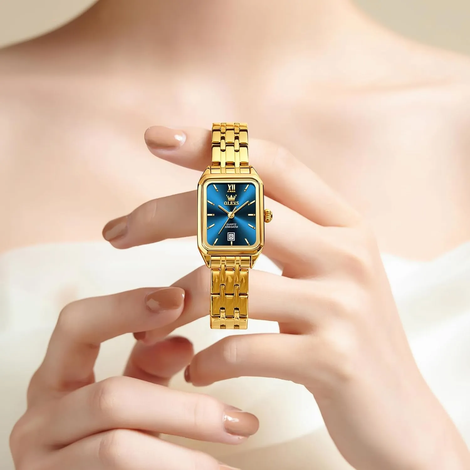 Watch, Small Square Face Diamond Decorated outlive affirm sulfur Ladies Watch, Luxury Analog Quartz Women Dress Watch, Fashion Calendar Date Waterproof Wrist Watch for Women OLEVS Women's Gold Stainless Steel 