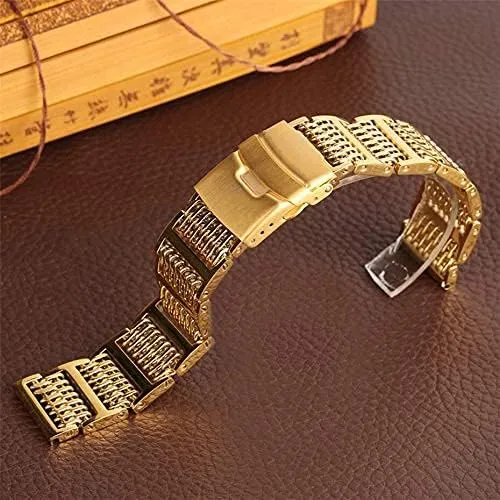 Watch Straps 2 exhilarating tow fit Spring Bars Bracelet (Gold 20mm) Watch Strap, Stainless Steel Watch Bands 20/22/24mm Silver/Black/Gold Folding Clasp 