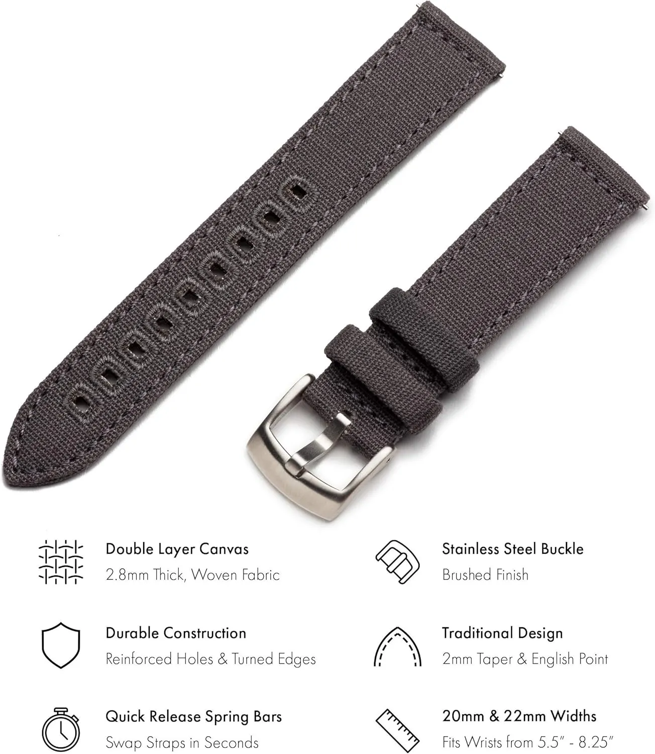 Watch Straps for Men & Women (18mm, Grey) Benchmark Canvas Watch Band - Quick Release tycoon Cotton Fabric 