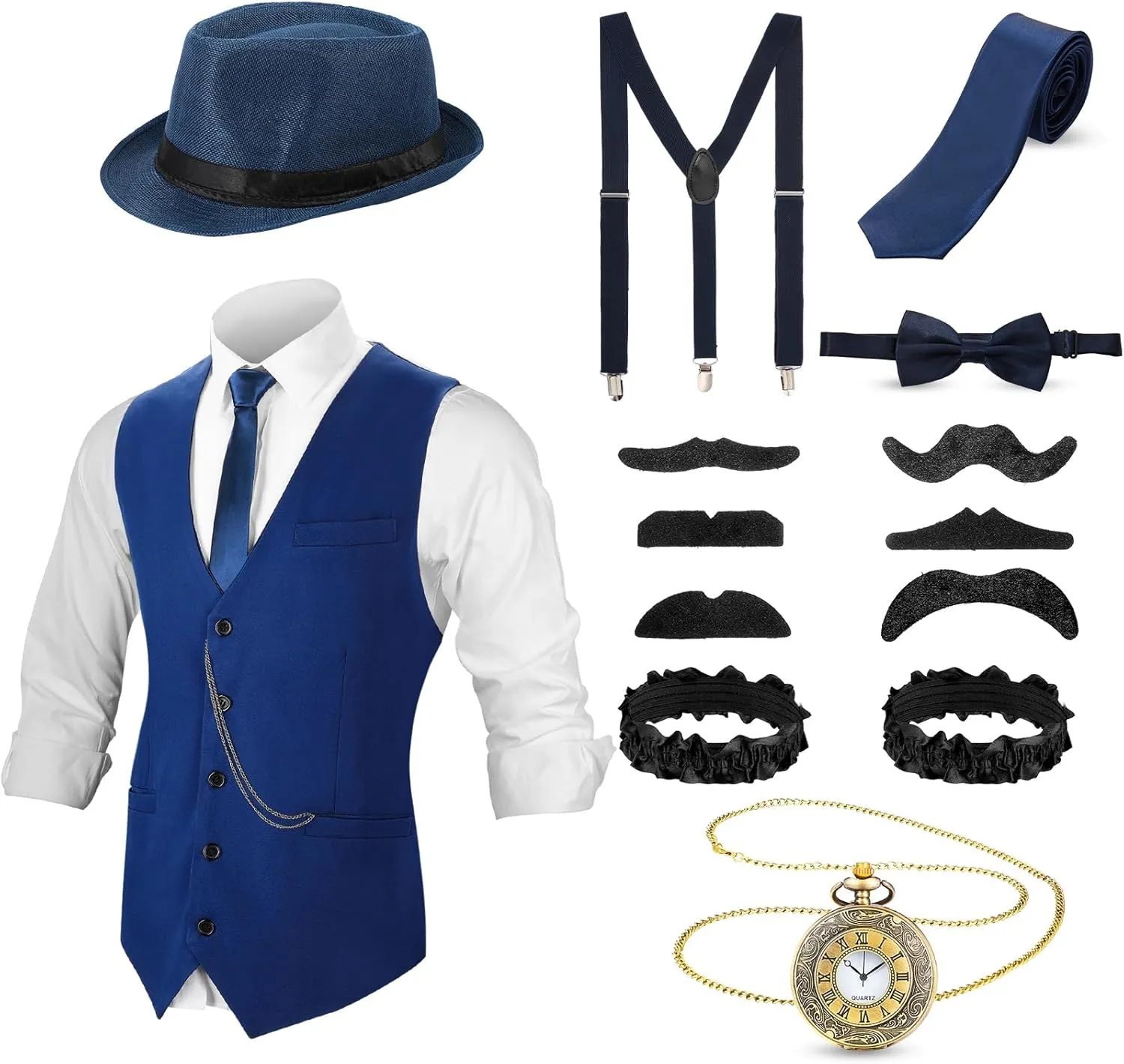 Watch Suspenders SATINIOR 1920s Mens Costume Roaring commercial malleability Outfit with Gangster Vest Hat Pocket 