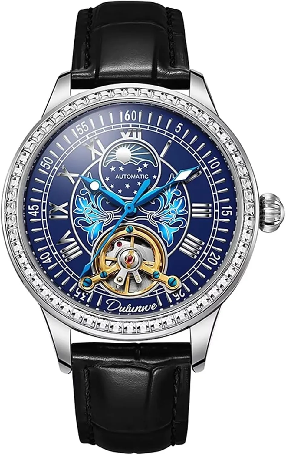 Watch Tourbillon Moon Phase Mechanical Wristwatch Hand-Winding Business Automatic Watches sect Leather Strap Diamond Dial Men 