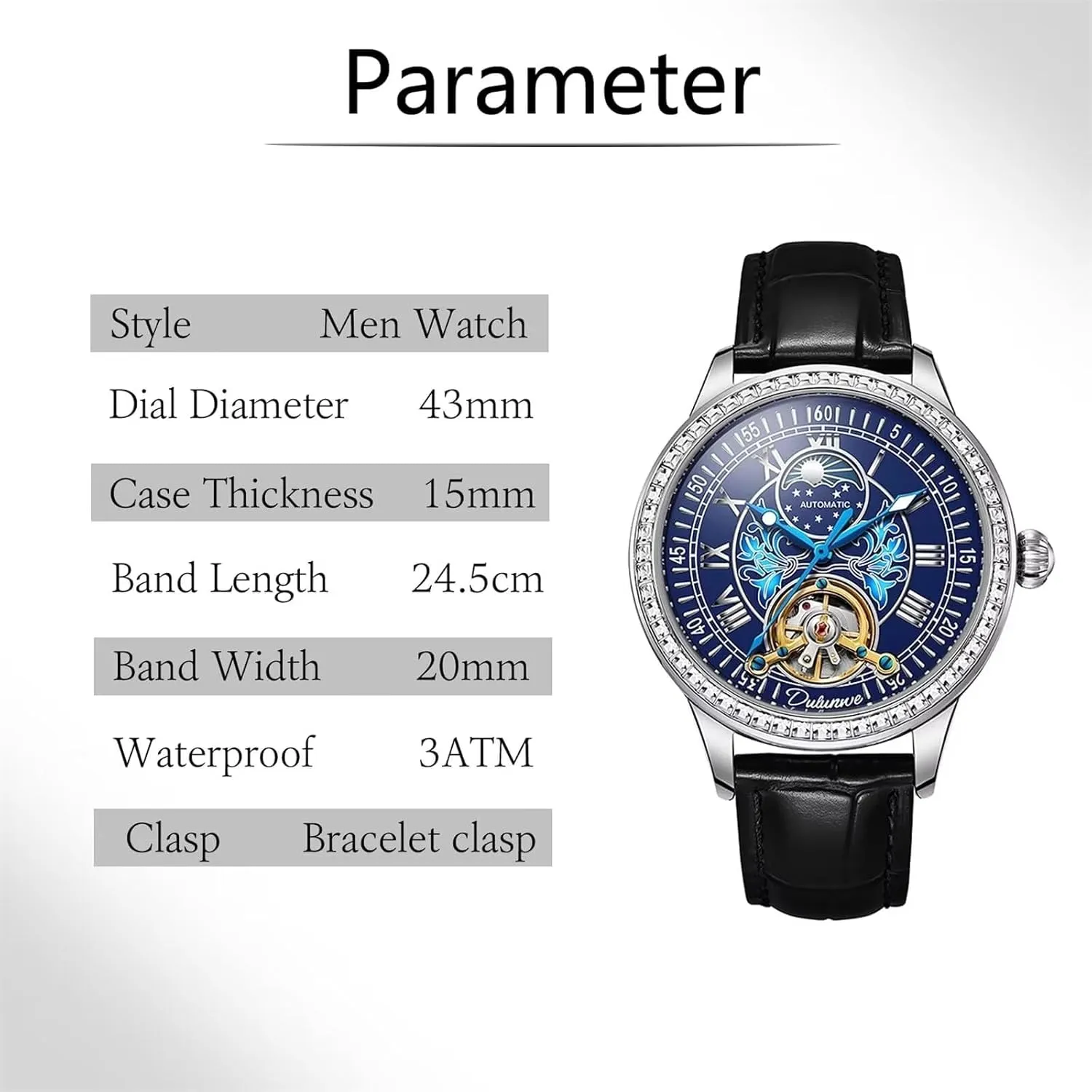 Watch Tourbillon Moon Phase Mechanical Wristwatch Hand-Winding Business Automatic Watches sect Leather Strap Diamond Dial Men 