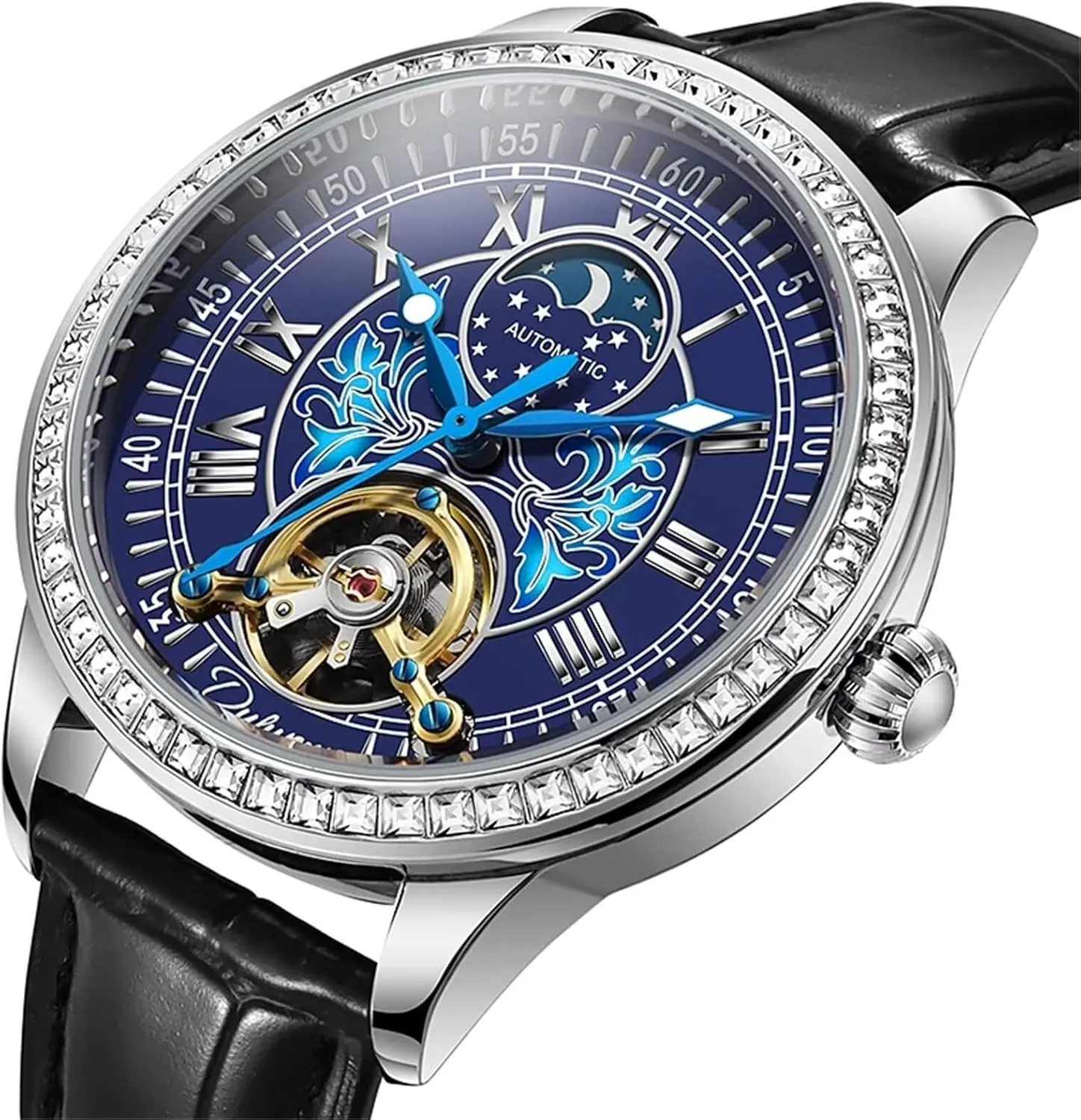 Watch Tourbillon Moon Phase Mechanical Wristwatch Hand-Winding Business Automatic Watches sect Leather Strap Diamond Dial Men 