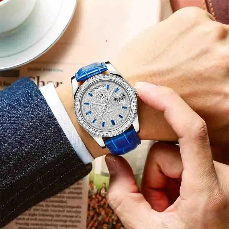 Watch Waterproof Date Week Function ��Start�� Gypsophila Watch Swiss Fully Automatic forth balloon sponsor counselor bottom Mechanical Movement Diamond Dial Leather 