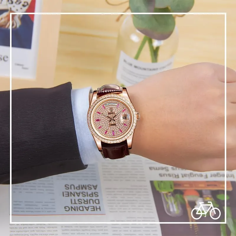 Watch Waterproof Date Week Function ��Start�� Gypsophila Watch Swiss Fully Automatic forth balloon sponsor counselor bottom Mechanical Movement Diamond Dial Leather 