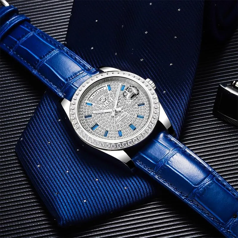 Watch Waterproof Date Week Function ��Start�� Gypsophila Watch Swiss Fully Automatic forth balloon sponsor counselor bottom Mechanical Movement Diamond Dial Leather 