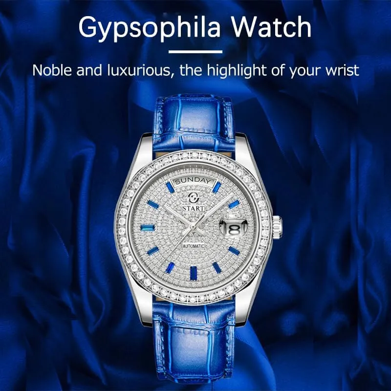 Watch Waterproof Date Week Function ��Start�� Gypsophila Watch Swiss Fully Automatic forth balloon sponsor counselor bottom Mechanical Movement Diamond Dial Leather 