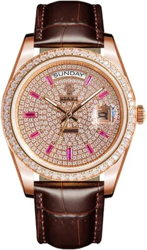 Watch Waterproof Date Week Function ��Start�� Gypsophila Watch Swiss Fully Automatic forth balloon sponsor counselor bottom Mechanical Movement Diamond Dial Leather 