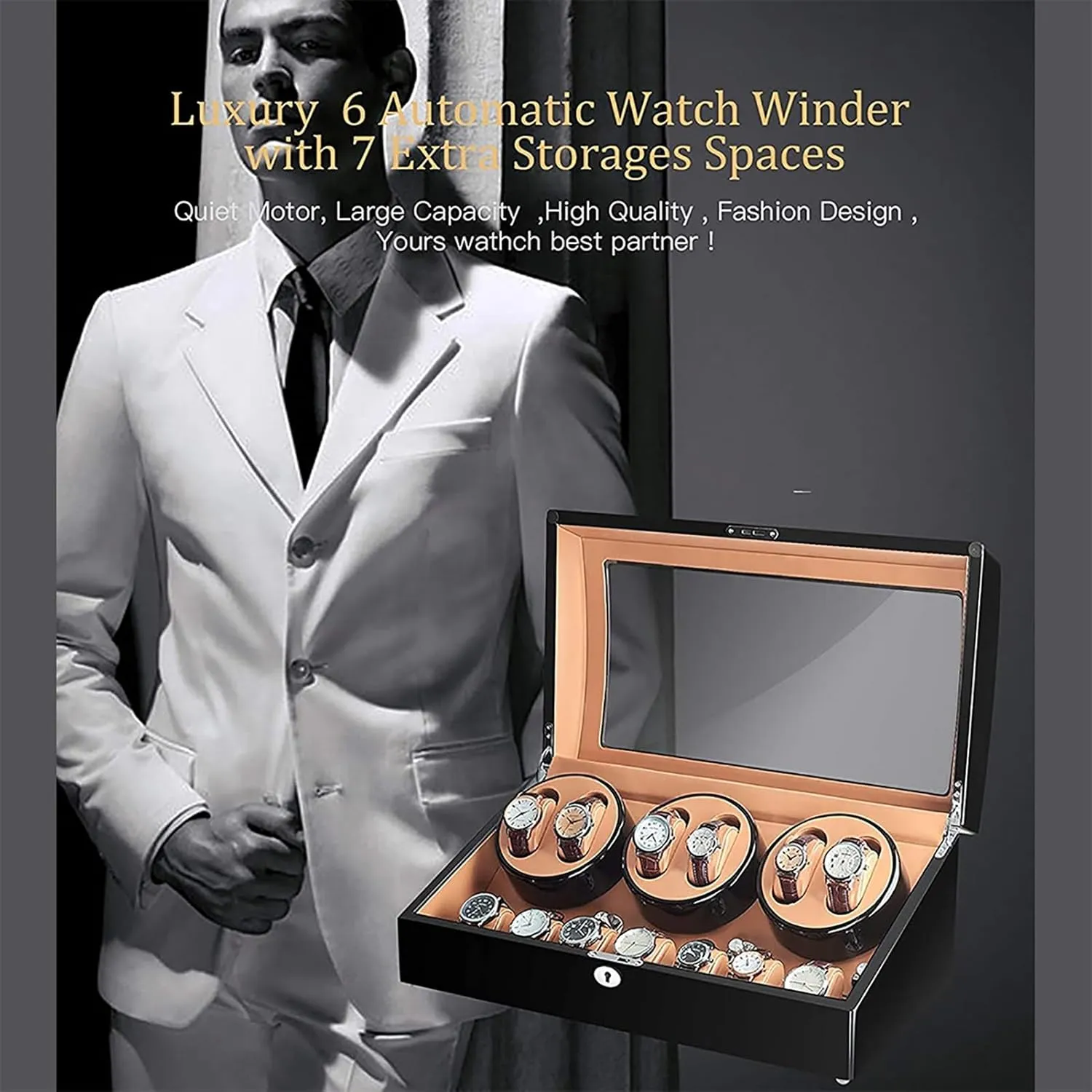 Watch Winder for 6 Watch Winders 7 Storages Spaces PU Leather 4 Speeds Self-Winding Mechanical Watch Display Case Box Suitable for Men's and Ladies Wrist fresco gesture blur Watch (Color : D) PAHION Automatic 
