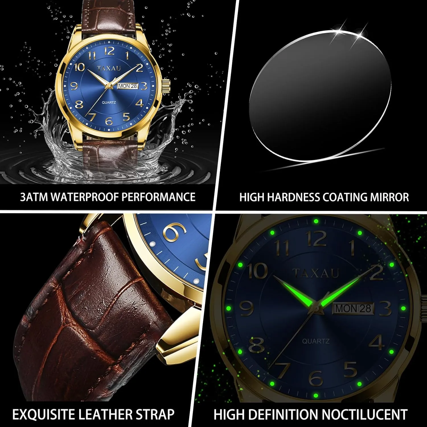 Watch with Day and Date Fashion Business Waterproof Luminous phonetic Quartz Watch Men's Watch Big Face Easy Read Arabic Numeral Dress Watches for Men Classic Black Brown Leather Band Analog Mens Wrist 