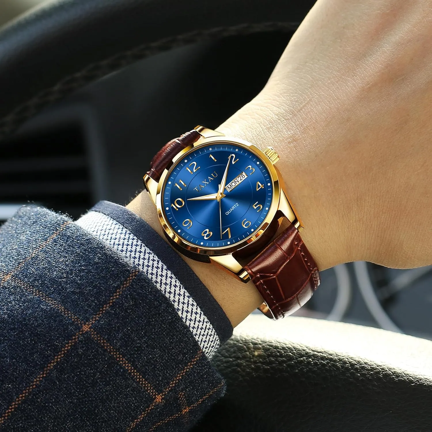 Watch with Day and Date Fashion Business Waterproof Luminous phonetic Quartz Watch Men's Watch Big Face Easy Read Arabic Numeral Dress Watches for Men Classic Black Brown Leather Band Analog Mens Wrist 