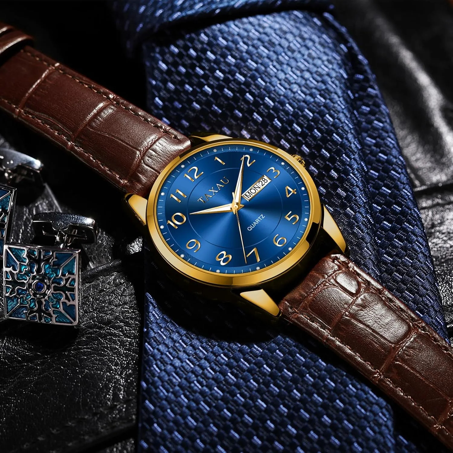 Watch with Day and Date Fashion Business Waterproof Luminous phonetic Quartz Watch Men's Watch Big Face Easy Read Arabic Numeral Dress Watches for Men Classic Black Brown Leather Band Analog Mens Wrist 