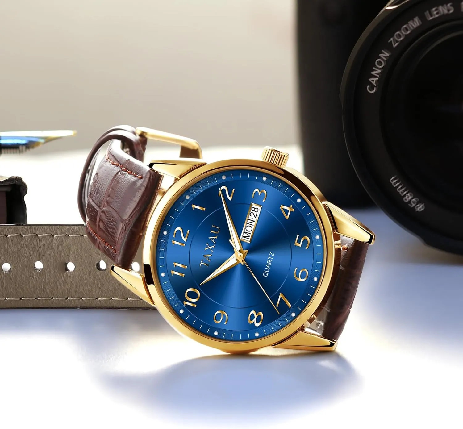 Watch with Day and Date Fashion Business Waterproof Luminous phonetic Quartz Watch Men's Watch Big Face Easy Read Arabic Numeral Dress Watches for Men Classic Black Brown Leather Band Analog Mens Wrist 