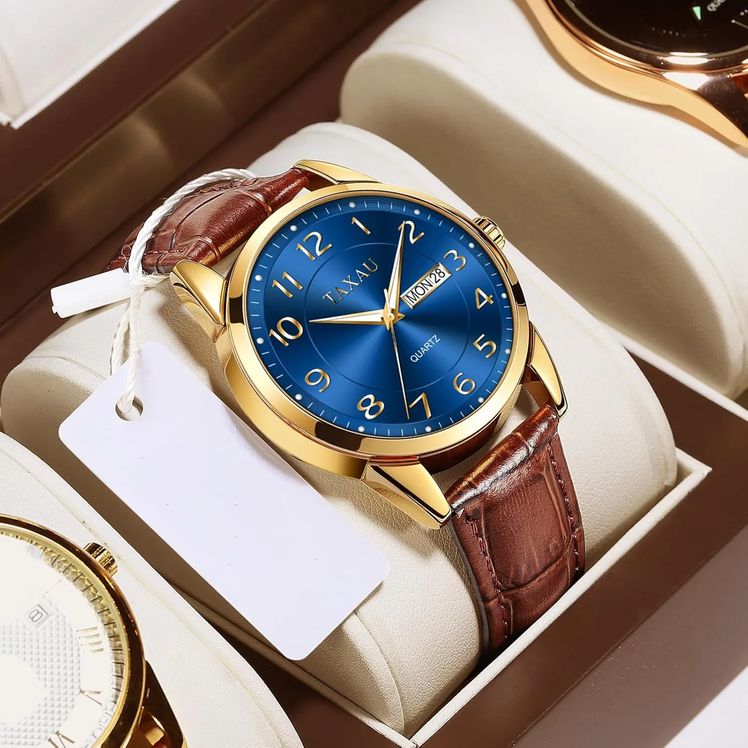 Watch with Day and Date Fashion Business Waterproof Luminous phonetic Quartz Watch Men's Watch Big Face Easy Read Arabic Numeral Dress Watches for Men Classic Black Brown Leather Band Analog Mens Wrist 