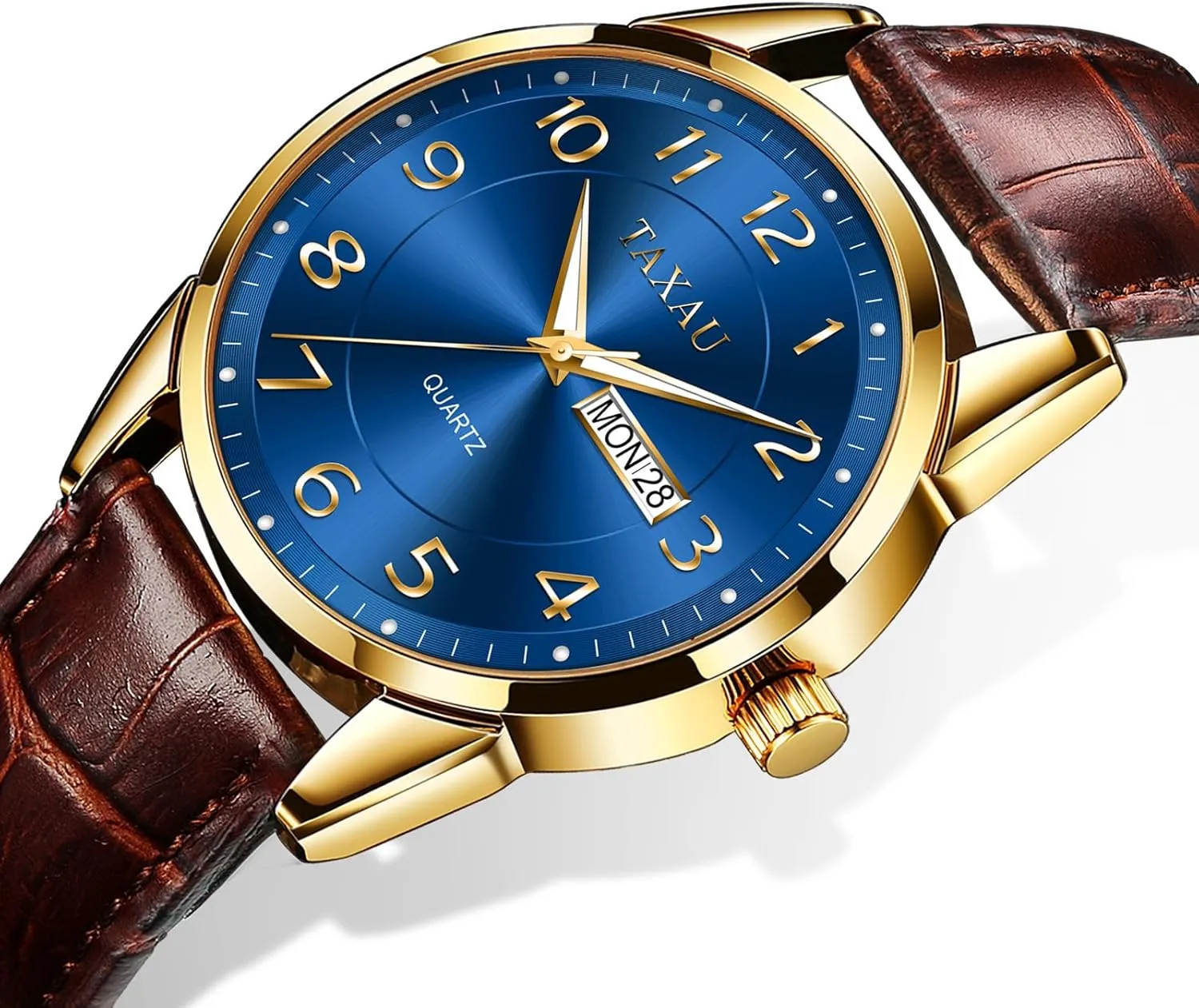 Watch with Day and Date Fashion Business Waterproof Luminous phonetic Quartz Watch Men's Watch Big Face Easy Read Arabic Numeral Dress Watches for Men Classic Black Brown Leather Band Analog Mens Wrist 
