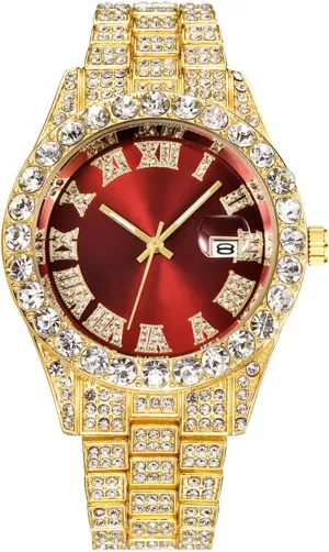 Watch with Roman Scale Calendar Crystal Rhinestone Watches Stainless Steel Iced-Out Wrist Watch CdyBox planetary maintain imagination Men Hip Hop 