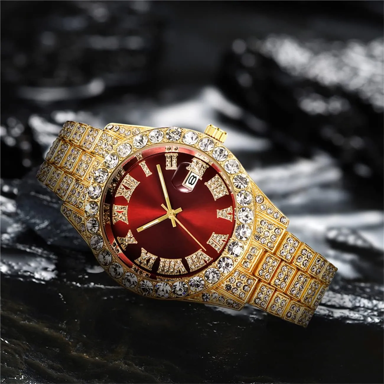 Watch with Roman Scale Calendar Crystal Rhinestone Watches Stainless Steel Iced-Out Wrist Watch CdyBox planetary maintain imagination Men Hip Hop 