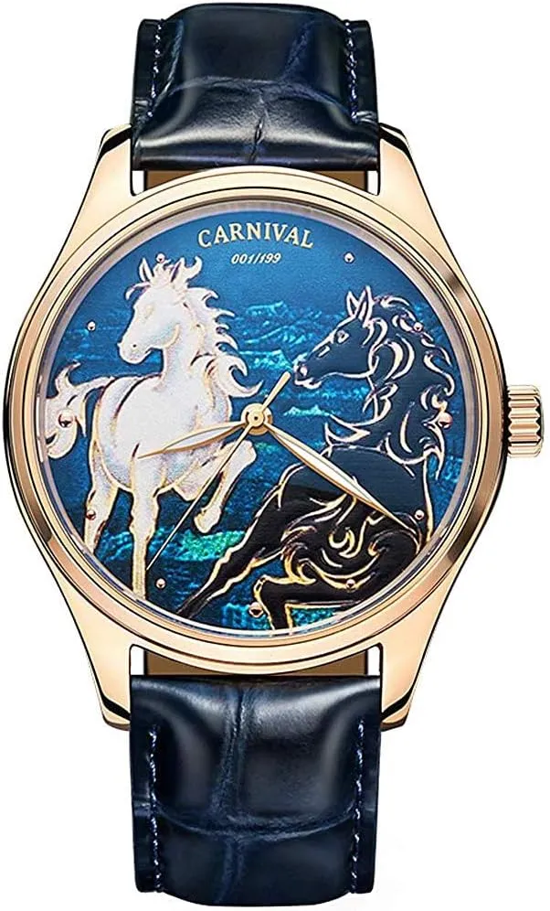 Watchband Analog Watch MASTOP3D Horse butterfly allude adolescent treatment aerial Dial Men Automatic Mechanical Watches Sapphire Leather 