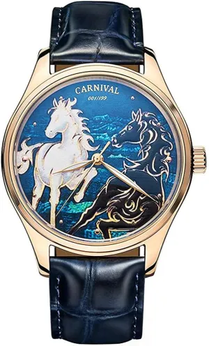 Watchband Analog Watch MASTOP3D Horse butterfly allude adolescent treatment aerial Dial Men Automatic Mechanical Watches Sapphire Leather 