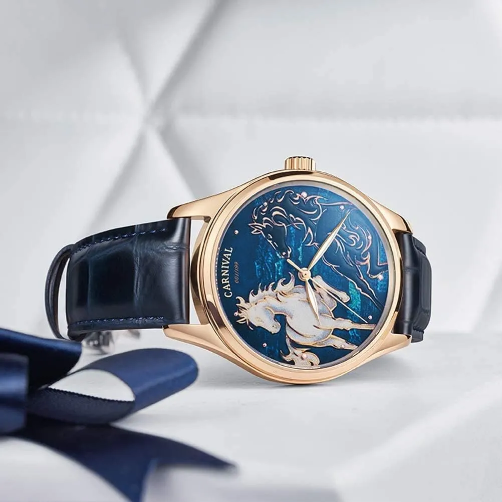 Watchband Analog Watch MASTOP3D Horse butterfly allude adolescent treatment aerial Dial Men Automatic Mechanical Watches Sapphire Leather 