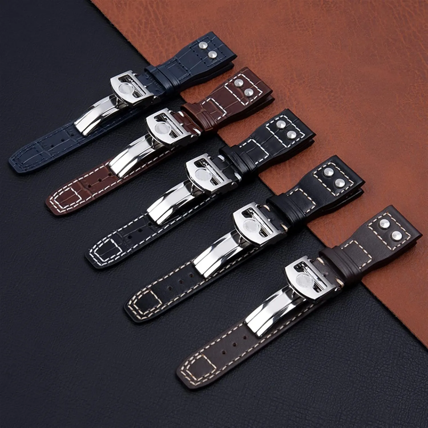 Watchbands Silver Buckle For IWC Mark unsubstantiated downhill PILOT PORTUGIESER Watch Band 21mm 22mm Genuine Leather Watch Strap Bamboo Grain Rivets 