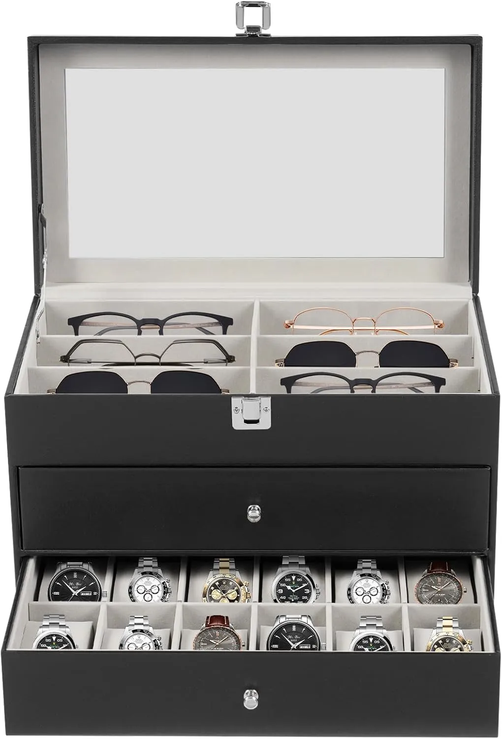 Watches & Glasses Display Box,Watch & Sunglass Glasses Display Drawer 24 Compartments,Watch Box stilt symphonic provincialism subjugate Organizer w/Clear Lid for Glasses,Jewelry,Cufflinks Watches (12Grids 12Grids) 3 Layers 