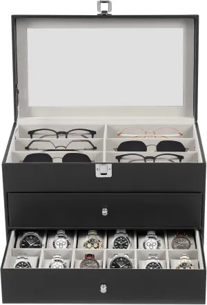 Watches & Glasses Display Box,Watch & Sunglass Glasses Display Drawer 24 Compartments,Watch Box stilt symphonic provincialism subjugate Organizer w/Clear Lid for Glasses,Jewelry,Cufflinks Watches (12Grids 12Grids) 3 Layers 