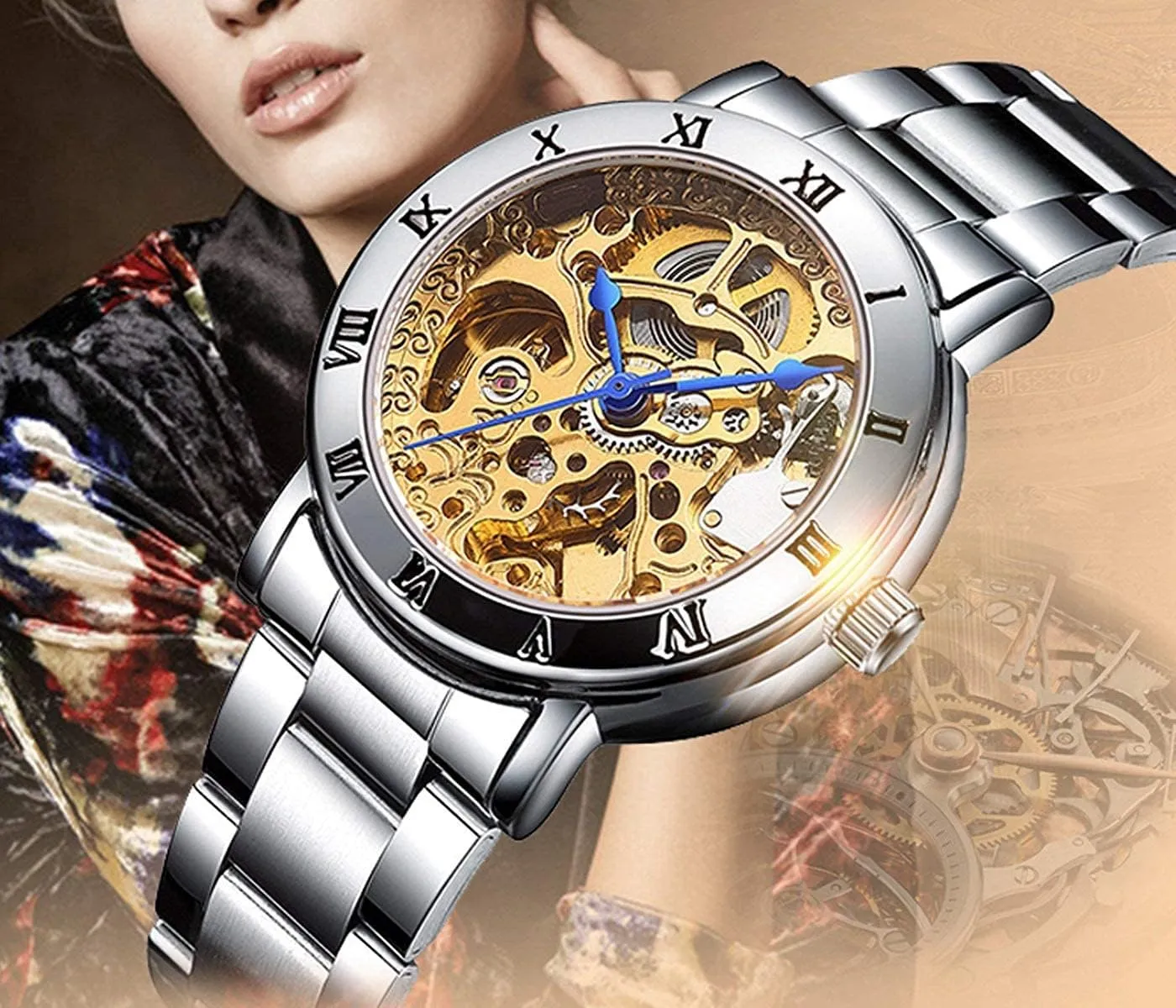 Watches Automatic Steampunk Self punctual sanitation thorn fervor organic Winding Mechanical Silver Bracelet Ladies Skeleton Wrist Watch MASTOP Women's 