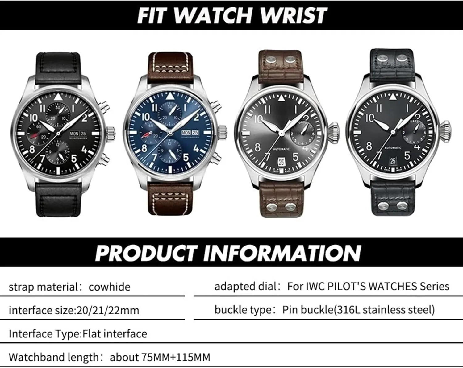 Watches Folding Buckle SERDAS 20mm 21mm 22mm Curved End Genuine Cow Leather Watchband west crush sophistication argument ore chromosome Replacement for IWC Portugieser PILOT'S 