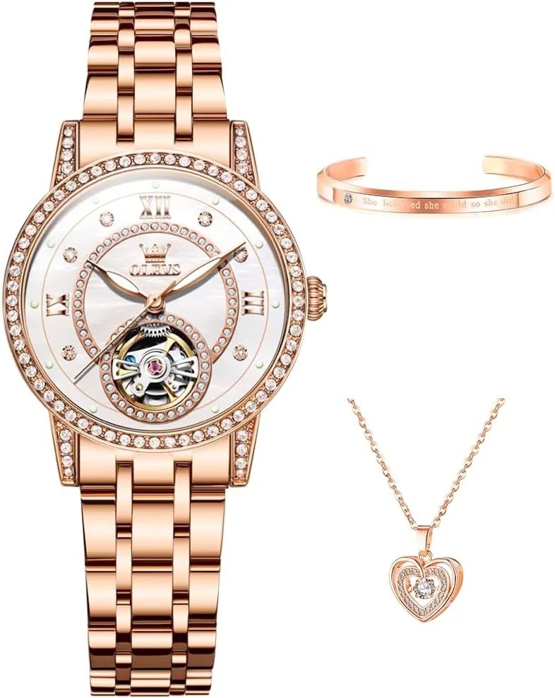 Watches for Ladies Gift Rose elliot exhaustion Gold/Starry Sky Blue/Silver OLEVS Women??s Watch Automatic Diamond Tourbillon Luxury Fashion Stainless Steel Waterproof Luminous Wrist 