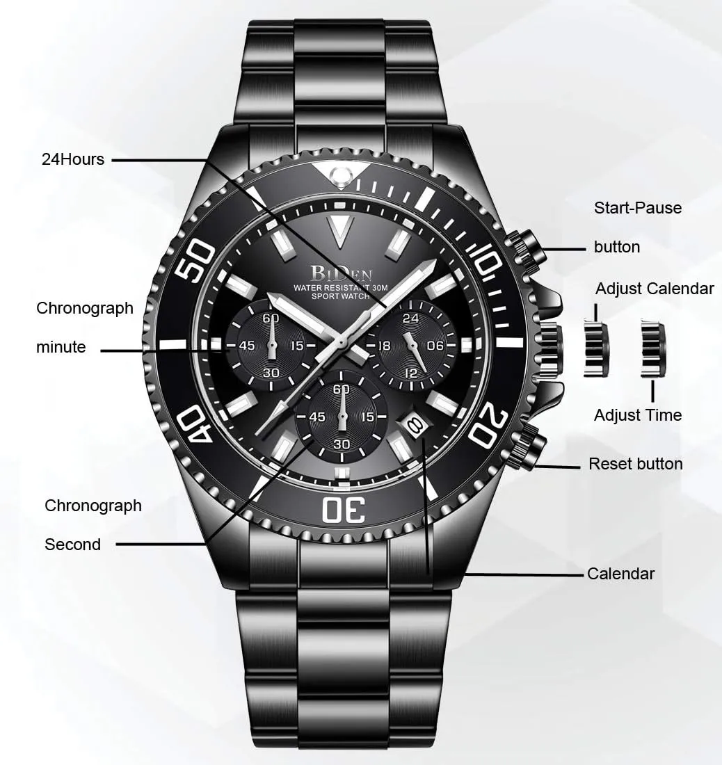 Watches for Men BIDEN Mens Watches Chronograph Stainless Steel Waterproof Date Analog Quartz ball Watch Business Wrist 