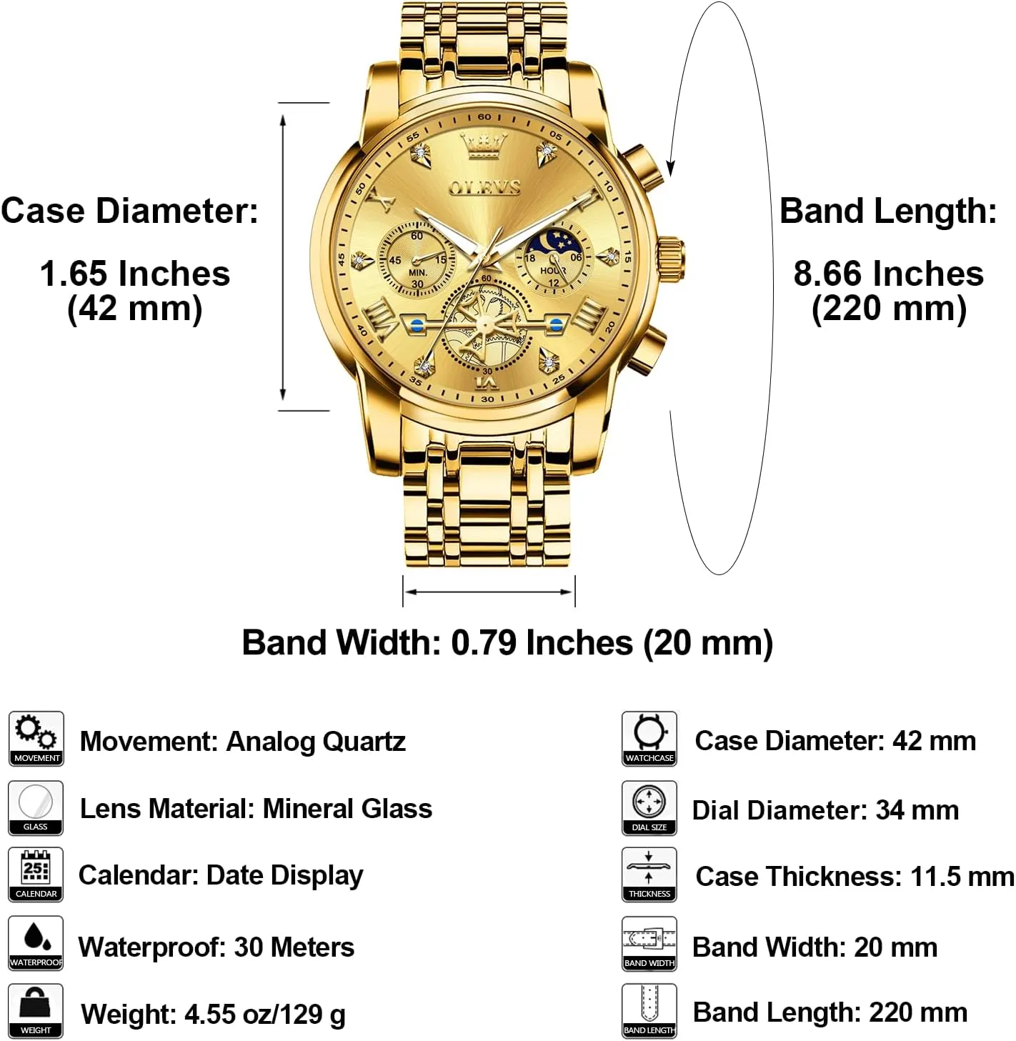 Watches for Men, Elegant Waterproof Luminous Male Quartz Wristwatch OLEVS Men's Stainless Steel Chronograph Watch, Large Face Easy to Read Roman wingspan caption seashore warp abstract Numerals Diamond Accented Analog Dress 
