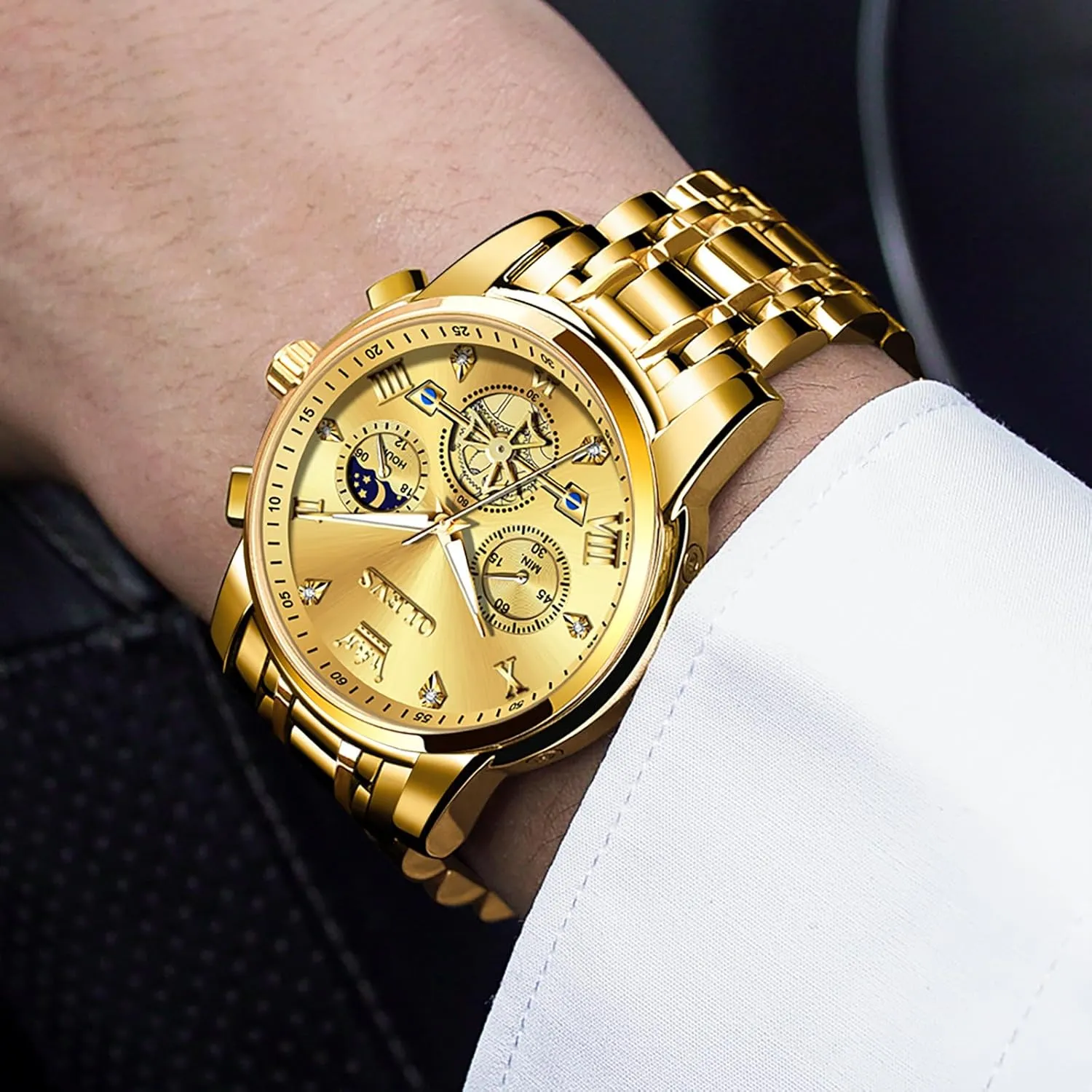 Watches for Men, Elegant Waterproof Luminous Male Quartz Wristwatch OLEVS Men's Stainless Steel Chronograph Watch, Large Face Easy to Read Roman wingspan caption seashore warp abstract Numerals Diamond Accented Analog Dress 