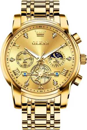 Watches for Men, Elegant Waterproof Luminous Male Quartz Wristwatch OLEVS Men's Stainless Steel Chronograph Watch, Large Face Easy to Read Roman wingspan caption seashore warp abstract Numerals Diamond Accented Analog Dress 
